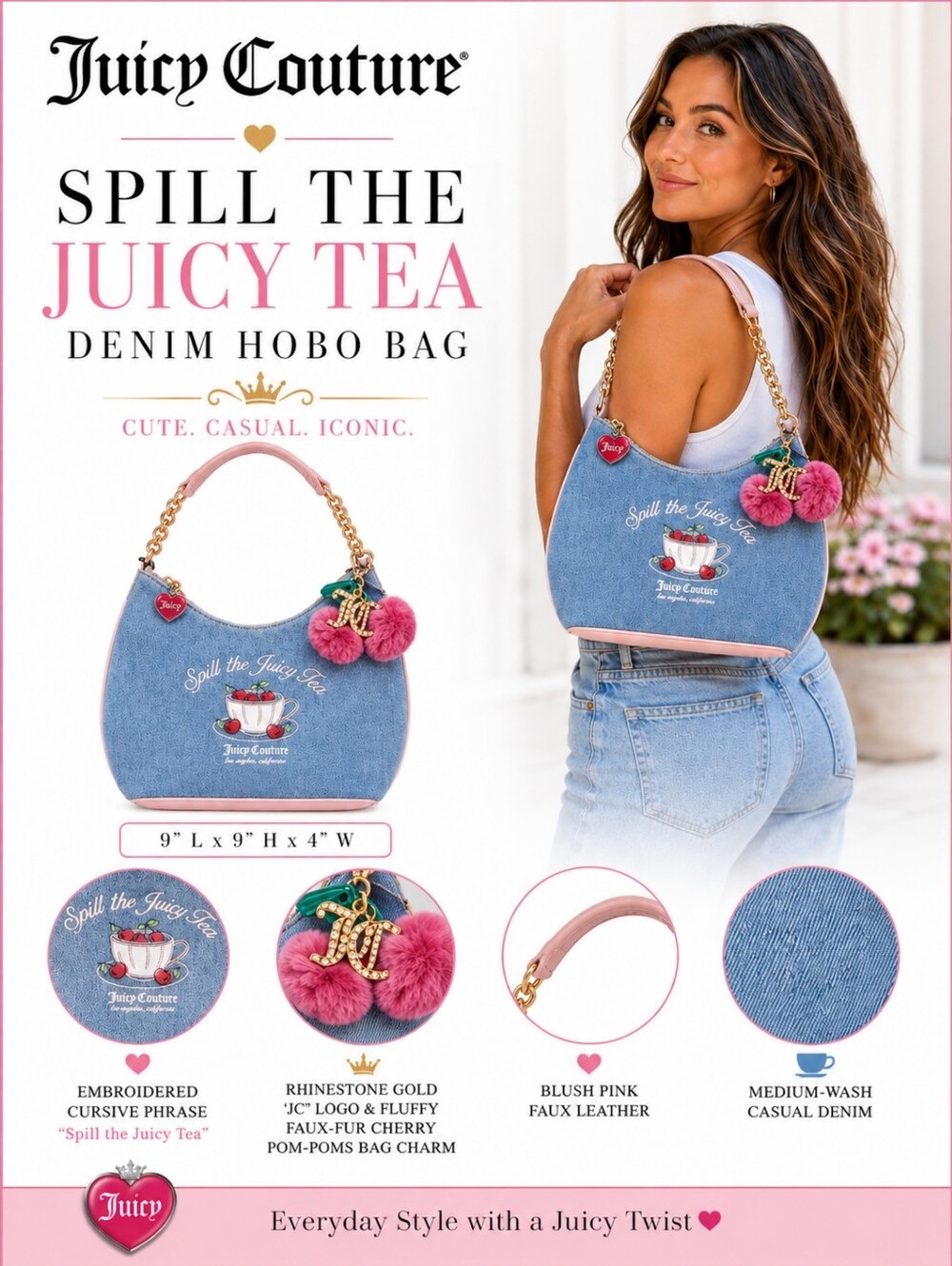 Juicy Couture Sweet Tea Party Denim Hobo Bag "Spill The Juicy Tea"